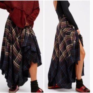 Free People Dipped In Dreams Plaid Distressed Ombre Dip Dyed Maxi Skirt